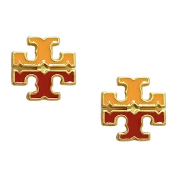 TORY BURCH • Red & Orange Enamel Logo Stud Earrings - Picture 1 of 3